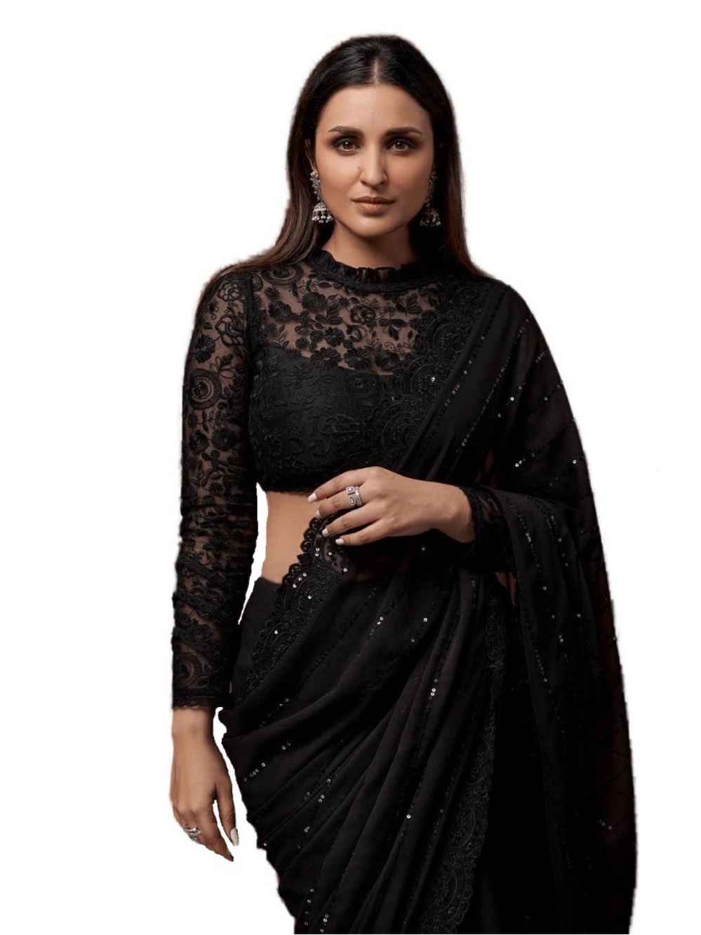 Sidhidata Black Sequin Georgette Saree 3-Piece Unstitched Blouse Fabric Set
